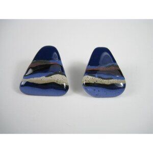 Handcrafted Abstract Ceramic Stud Earrings Multicolor Swirls In Blue